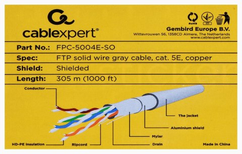 Kabel sieciowy GEMBIRD FPC-5004E-SO (F/FTP; 305m; kat. 5e; kolor szary) Kabel sieciowy GEMBIRD FPC-5004E-SO (F/FTP; 305m; kat. 5e; kolor szary)