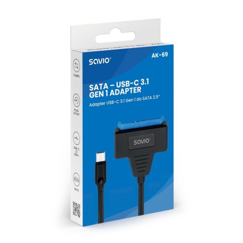 SAVIO ADAPTER USB-C 3.1 GEN 1 (M) - SATA (F) DO DYSKÓW 2.5" AK-69 SAVIO ADAPTER USB-C 3.1 GEN 1 (M) - SATA (F) DO DYSKÓW 2.5" AK-69