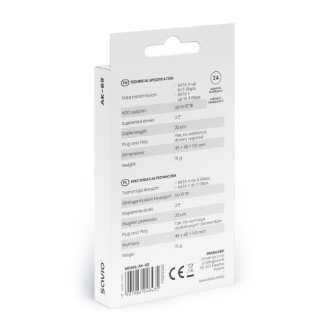 SAVIO ADAPTER USB-C 3.1 GEN 1 (M) - SATA (F) DO DYSKÓW 2.5" AK-69 SAVIO ADAPTER USB-C 3.1 GEN 1 (M) - SATA (F) DO DYSKÓW 2.5" AK-69