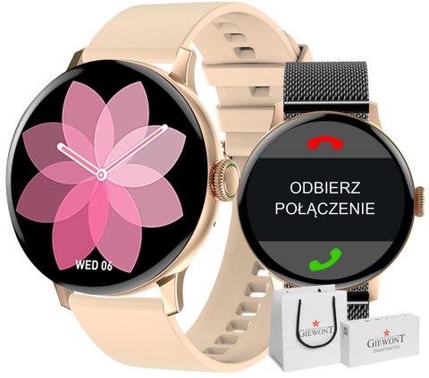 Smartwatch Damski Giewont GW330-4 Różowe Złoto-Róż Pudrowy Pasek Silikonowy + Czarna Bransoleta