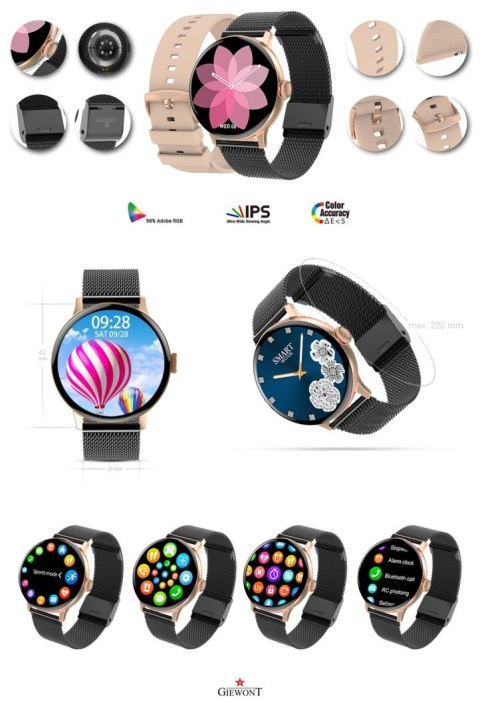 Smartwatch Damski Giewont GW330-4 Różowe Złoto-Róż Pudrowy Pasek Silikonowy + Czarna Bransoleta