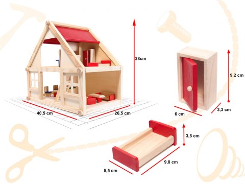 Domek dla lalek drewniany MDF + mebelki 40cm