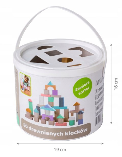 Drewniane klocki 50 szt wiaderko + sorter Ecotoys