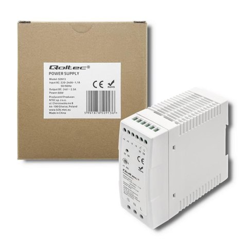 Zasilacz na szynę DIN Qoltec | 60W | 24V | 2.5A | Biały | Slim Zasilacz na szynę DIN Qoltec | 60W | 24V | 2.5A | Biały | Slim