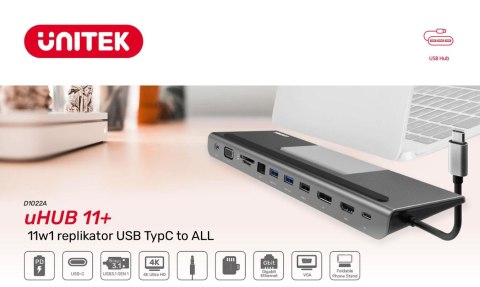 Replikator portów Unitek D1022A - 11w1 replikator USB TypC to ALL