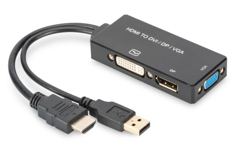 Kabel adapter DIGITUS 3w1 HDMI/USB 4K 30Hz UHD Typ HDMI A/USB na DisplayPort+DVI+VGA czarny 0,2m