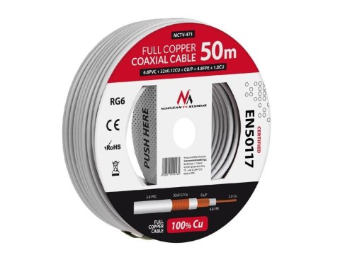 Kabel koncentryczny Maclean MCTV-471 satelitarny, antenowy RG6 50M 1.02CU+4.8FPE+CU/P+32*0.12CU+6.8PVC