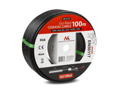 Kabel koncentryczny Maclean MCTV-477 żelowany satelitarny RG6 100m 1.0CU+4.6FPE+AL/P+96*0.12AL+6.8PE Kabel koncentryczny Maclean MCTV-477 żelowany satelitarny RG6 100m 1.0CU+4.6FPE+AL/P+96*0.12AL+6.8PE