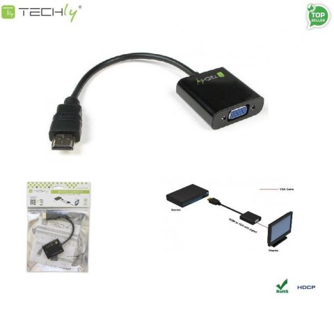 Adapter Techly HDMI-VGA2 HDMI męski na VGA żeński, czarny 0,1m IDATA Adapter Techly HDMI-VGA2 HDMI męski na VGA żeński, czarny 0,1m IDATA