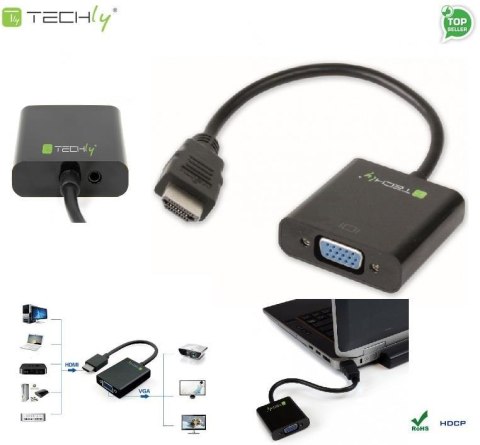 Adapter Techly HDMI-VGA2A HDMI męski na VGA żeński z audio, czarny 0,1m IDATA Adapter Techly HDMI-VGA2A HDMI męski na VGA żeński z audio, czarny 0,1m IDATA
