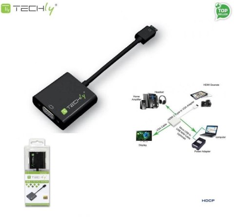 Adapter Techly HDMI-VGA4 mini HDMI (C) męski na VGA żeński, czarny 0,1m IDATA Adapter Techly HDMI-VGA4 mini HDMI (C) męski na VGA żeński, czarny 0,1m IDATA
