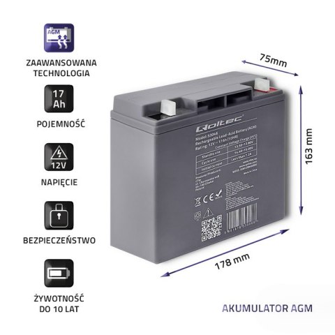 Qoltec Akumulator AGM | 12V | 17Ah |max. 255A