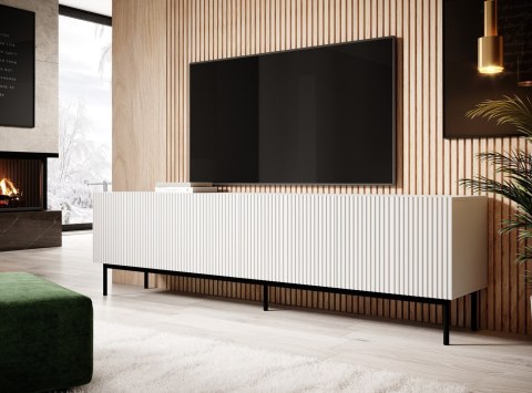 Szafka RTV PAFOS na czarnym stelażu ze stali 200x40x60 biały mat Szafka RTV PAFOS na czarnym stelażu ze stali 200x40x60 biały mat