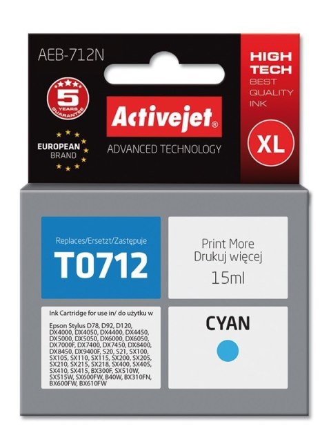 Tusz Activejet AEB-712N (zamiennik Epson T0712, T0892, T1002; Supreme; 15 ml; niebieski)