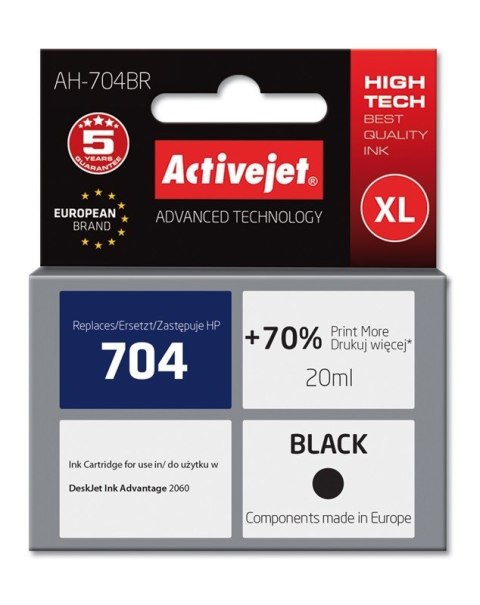 Tusz Activejet AH-704BR (zamiennik HP 704 CN692AE; Premium; 20 ml; czarny) Tusz Activejet AH-704BR (zamiennik HP 704 CN692AE; Premium; 20 ml; czarny)