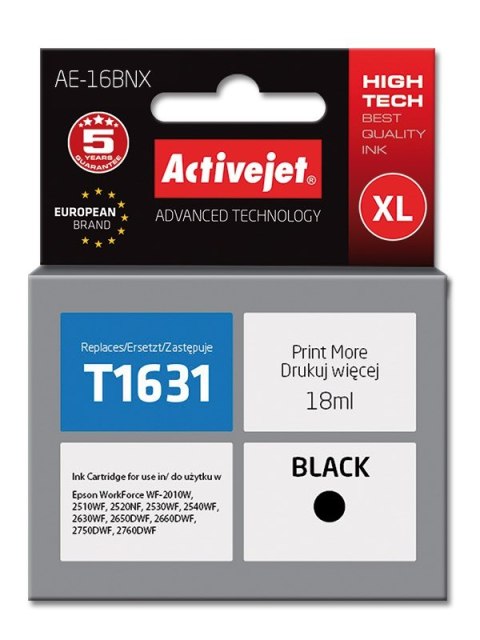 Tusz Activejet AE-16BNX (zamiennik Epson 16XL T1631; Supreme; 18 ml; czarny) Tusz Activejet AE-16BNX (zamiennik Epson 16XL T1631; Supreme; 18 ml; czarny)