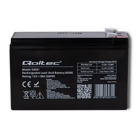 Qoltec Akumulator AGM | 12V | 9Ah | max 135A