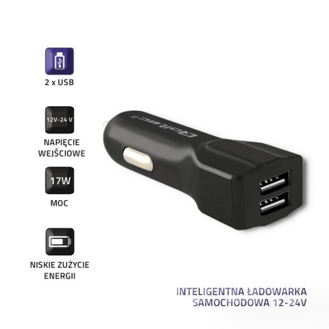 Qoltec Inteligentna Ładowarka samochodowa 12-24V | 17W | 5V | 3.4A | 2xUSB