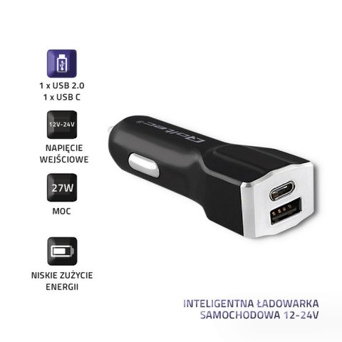 Qoltec Inteligentna Ładowarka samochodowa 12-24V | 27W | 5V | 3A | USB 2.0 + USB typ C