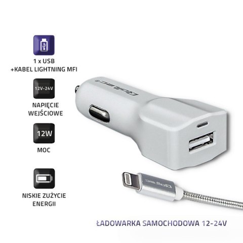 Qoltec Ładowarka samochodowa 12-24V |12W | 2.4A | USB + Kabel Lightning MFI | Wzmocniony | 1.5m | Biała