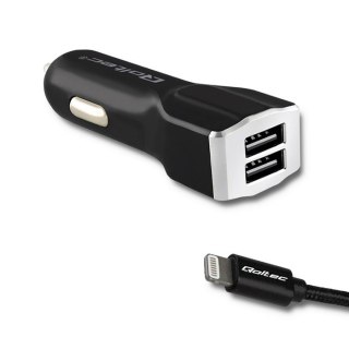 Qoltec Ładowarka samochodowa 12-24V | 17W | 3.4A | 2xUSB + Kabel Lightning MFI | Wzmocniony | 1.5m | Czarny