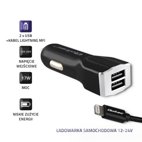 Qoltec Ładowarka samochodowa 12-24V | 17W | 3.4A | 2xUSB + Kabel Lightning MFI | Wzmocniony | 1.5m | Czarny