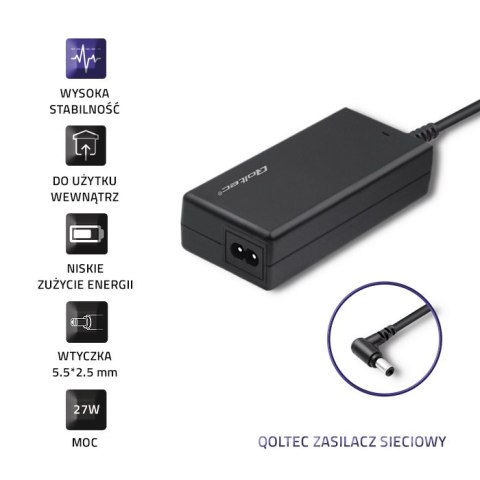 Qoltec Zasilacz desktopowy 27W | 12V | 2.24A | 5.5*2.5 | + kabel zasilający