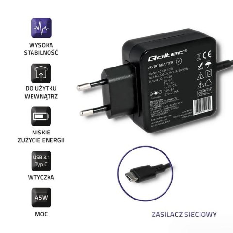 Qoltec Zasilacz sieciowy 45W | 5-20V | 2-3A | USB typ C | PD