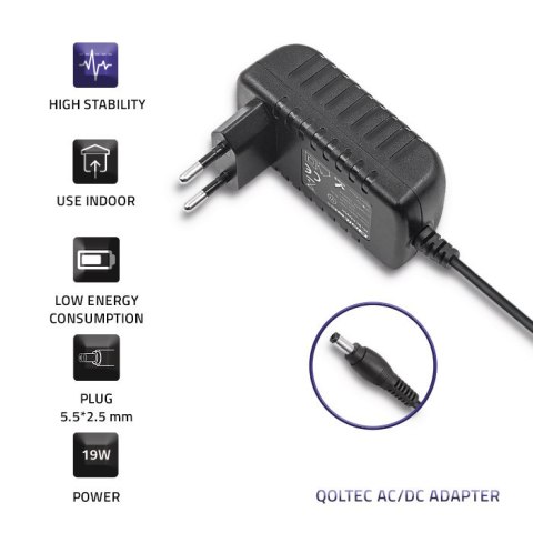 Qoltec Zasilacz wtyczkowy 19W | 9V | 2.1A | 5.5*2.5