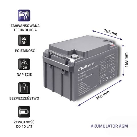 Qoltec Akumulator AGM | 12V | 65Ah | max 780A