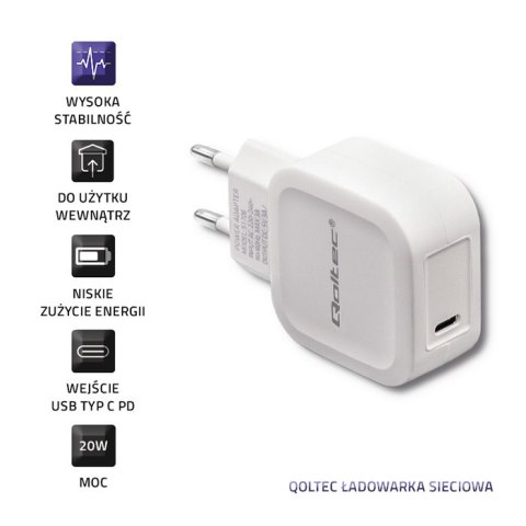 Qoltec Ładowarka sieciowa 20W | 5-12V |1.67-3A | USB typ C | PD | Biała