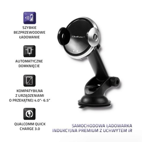 Qoltec Samochodowa ładowarka indukcyjna PREMIUM z uchwytem iR 15W |QC 3.0 |USB typ C