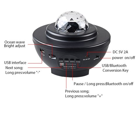 Projektor gwiazd rzutnik lampka nocna głośnik bluetooth czarna