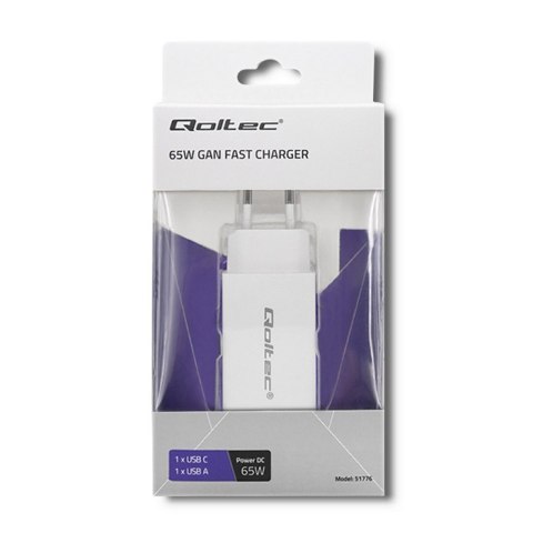 Qoltec Ładowarka GaN FAST 65W | 5-20V | 2.25-3.25A | USB | USB typ C PD