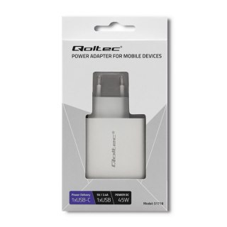 Qoltec Ładowarka sieciowa 45W | 5-20V | 2.4-3A | USB typ C PD | USB | Biała