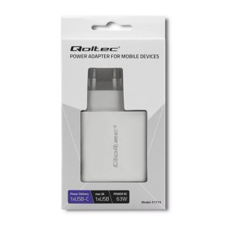 Qoltec Ładowarka sieciowa 63W | 5-20V | 1.5-3A | USB typ C PD | USB QC 3.0 | Biała