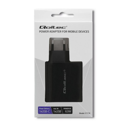 Qoltec Ładowarka sieciowa 63W | 5-20V | 1.5-3A | USB typ C PD | USB QC 3.0 | Czarna