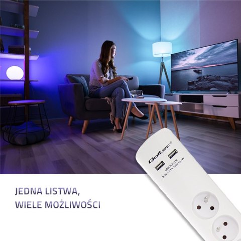 Qoltec Listwa antyprzepięciowa | 4 gniazda | 2 x USB | 1.8m | Biała