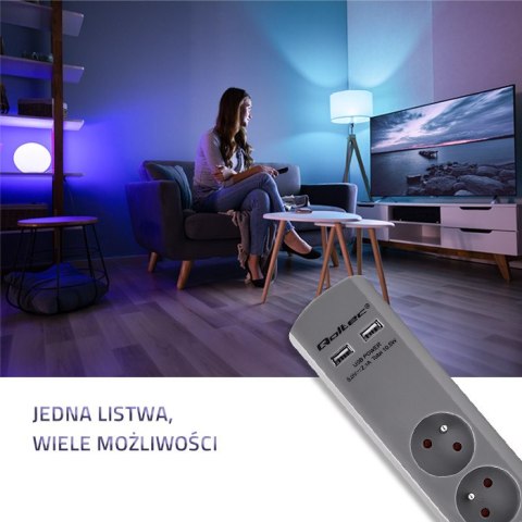 Qoltec Listwa antyprzepięciowa | 4 gniazda | 2 x USB | 1.8m | Szara