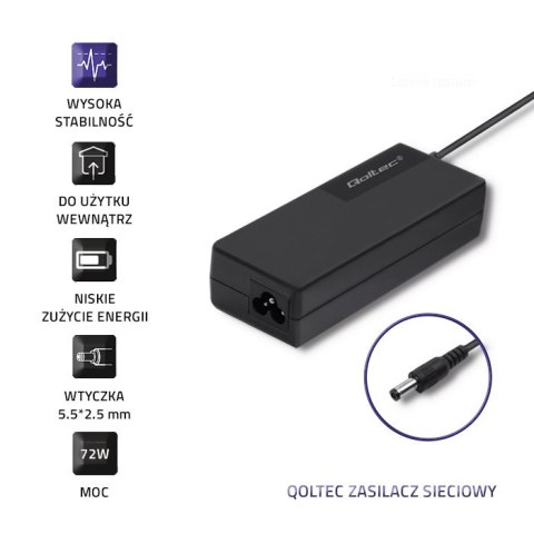 Qoltec Zasilacz desktopowy 72W | 24V | 3A | 5.5*2.5 |+ kabel zasilający