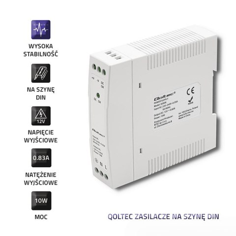 Qoltec Zasilacz na szynę DIN | 10W | 12V | 0.83A | Biały | Slim