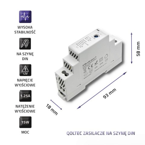 Qoltec Zasilacz na szynę DIN | 15W | 12V | 1.25A | Szary