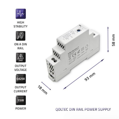 Qoltec Zasilacz na szynę DIN | 15W | 24V | 0.625A | Szary