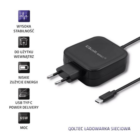 Qoltec Ładowarka sieciowa 65W | 5-20V | 3-3.25A | USB typ C | PD | Czarna