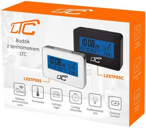 Budzik z termometrem LTC, sterowany radiowo, czarny LXSTP05C