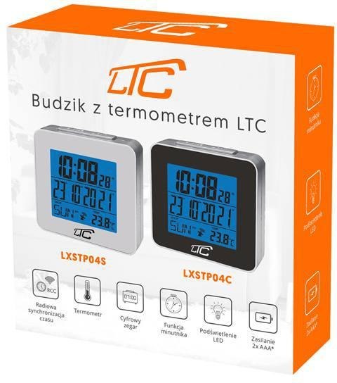 Budzik z termometrem LTC, sterowany radiowo, srebrny LXSTP04S