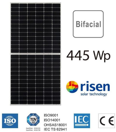 Moduł panel PV srebrna rama bifacial 445W RISEN RSM144-7-445MBMDG 2128x1048x30mm