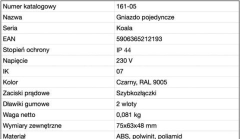 GNIAZDO VG-1 161-01 IP44 CZARNE KOALA ELKETROINSTALACYJNE NATYNKOWE Z KLAPKĄ VIPLAST