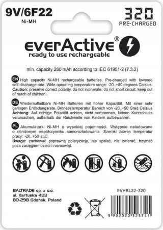 Akumulatorek 6F22/9V everActive Ni-MH Ni-MH 320 mAh ready to use Professional line