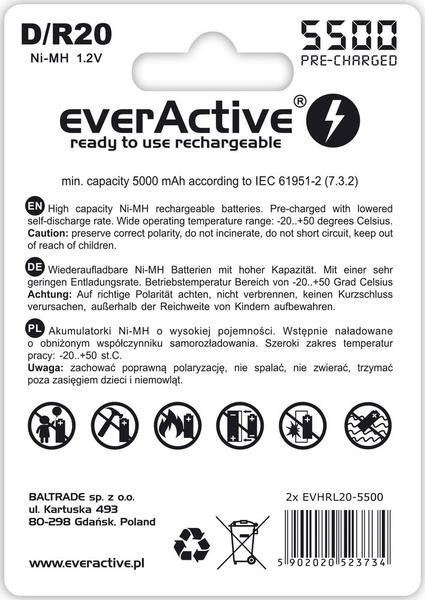 Akumulatorki D / R20 everActive Ni-MH Ni-MH 5500 mAh ready to use Silver line (box 2 szt)